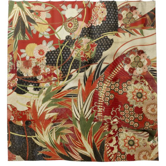 アンティーク日本のフラワーレッドグリーンブラックフローラ シャワーカーテン (正面)