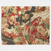 アンティーク日本のフラワーレッドグリーンブラックフローラ フリースブランケット (正面(横))