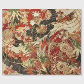 アンティーク日本のフラワーレッドグリーンブラックフローラ ラッピングペーパー (フラット)