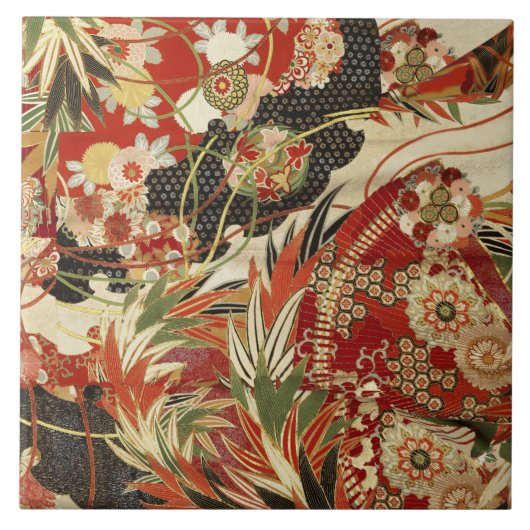 アンティーク日本のフラワーレッドグリーンブラックフローラT タイル (正面)