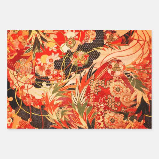 アンティーク日本のフラワーレッドティール（緑がかった色）グリーンフローラ ラッピングペーパーシート (正面3)