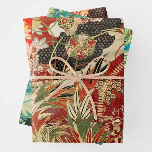 アンティーク日本のフラワーレッドティール（緑がかった色）グリーンフローラ ラッピングペーパーシート (インサイチュ)