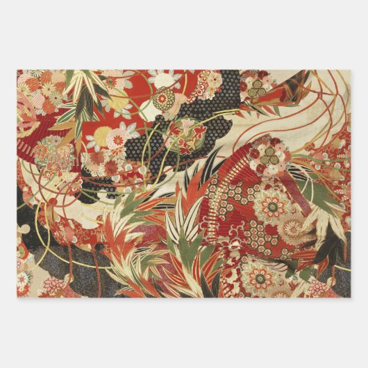 アンティーク日本のフラワーレッドティール（緑がかった色）グリーンフローラ ラッピングペーパーシート (正面)