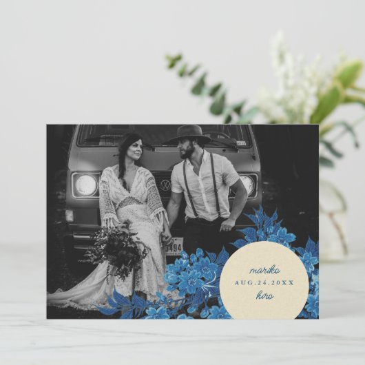 アンティーク日本のブルーさくらんぼブロッサム写真 セーブザデート (スタンド正面)