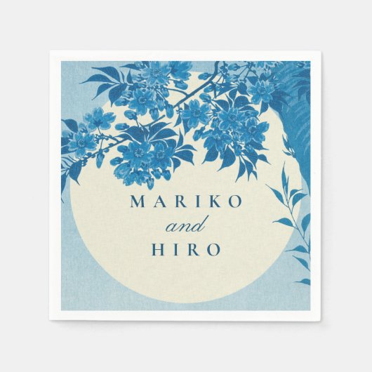 アンティーク日本のブルーさくらんぼブロッサム スタンダードカクテルナプキン (正面)
