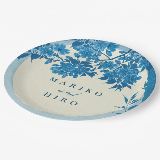 アンティーク日本のブルーさくらんぼブロッサム ペーパープレート (アングル)