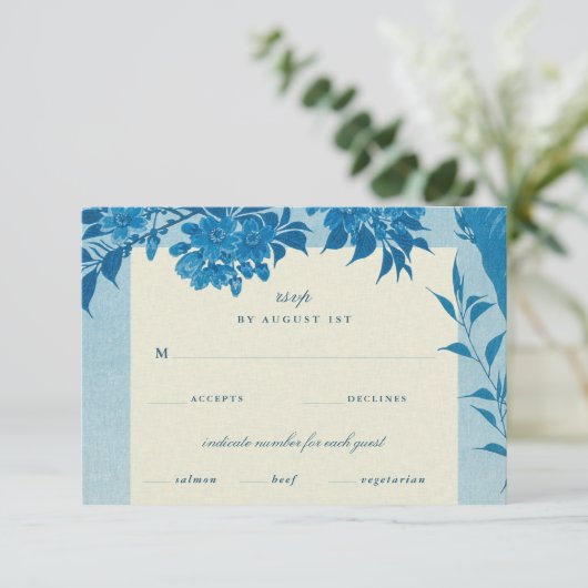 アンティーク日本のブルーさくらんぼブロッサム 出欠カード (スタンド正面)