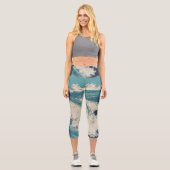 アンティーク日本のブルーウェーブ海プリント カプリレギンス (正面)