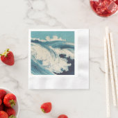 アンティーク日本のブルーウェーブ海プリント 縁ありカクテルナプキン (インサイチュ)