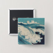 アンティーク日本のブルーウェーブ海プリント 缶バッジ (正面&裏面)