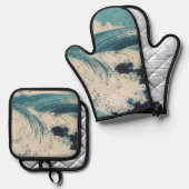 アンティーク日本のブルーウェーブ海プリント 鍋つかみ&鍋敷きセット (正面/裏面)