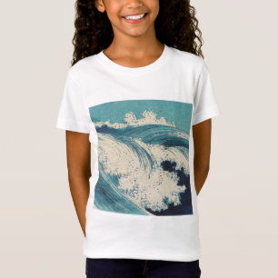 アンティーク日本のブルーウェーブ海プリント Tシャツ