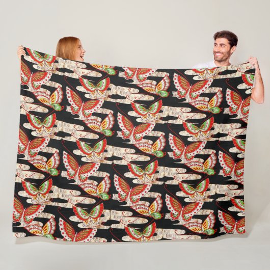 アンティーク日本の蝶レッド白黒 フリースブランケット (インサイチュ)