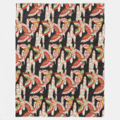 アンティーク日本の蝶レッド白黒 フリースブランケット (正面)