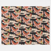 アンティーク日本の蝶レッド白黒 フリースブランケット (正面(横))