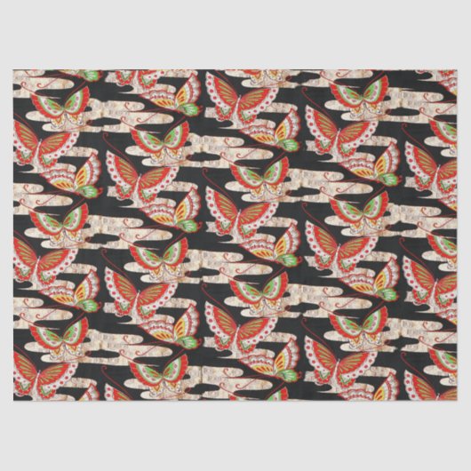 アンティーク日本の蝶レッド白黒 薄葉紙 (正面)