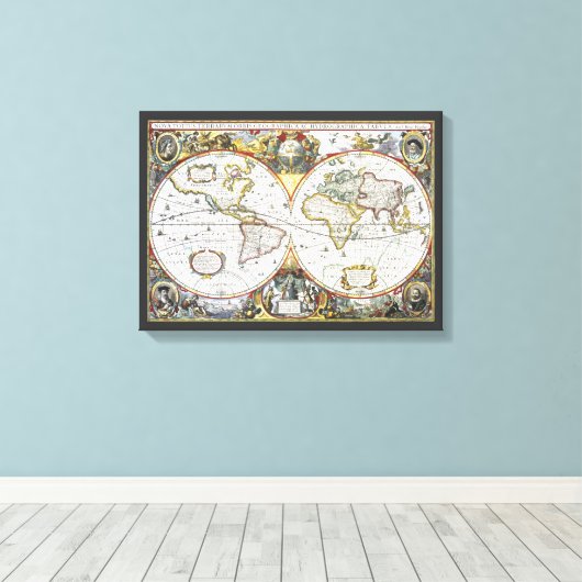 アンティーク旧世界地図byヘンドリック・ホンディウス, 1630 キャンバスプリント (インサイチュ (ウッドフロア))