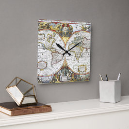 アンティーク旧世界地図byヘンドリック・ホンディウス, 1630 スクエア壁時計