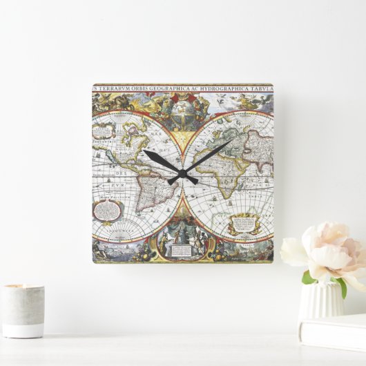 アンティーク旧世界地図byヘンドリック・ホンディウス, 1630 スクエア壁時計 (ホーム)
