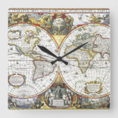 アンティーク旧世界地図byヘンドリック・ホンディウス, 1630 スクエア壁時計 (正面)