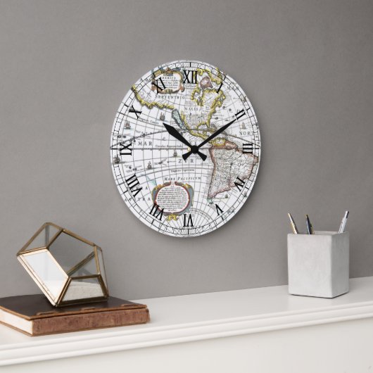 アンティーク旧世界地図byヘンドリック・ホンディウス， 1630 ラージ壁時計 (オフィス)