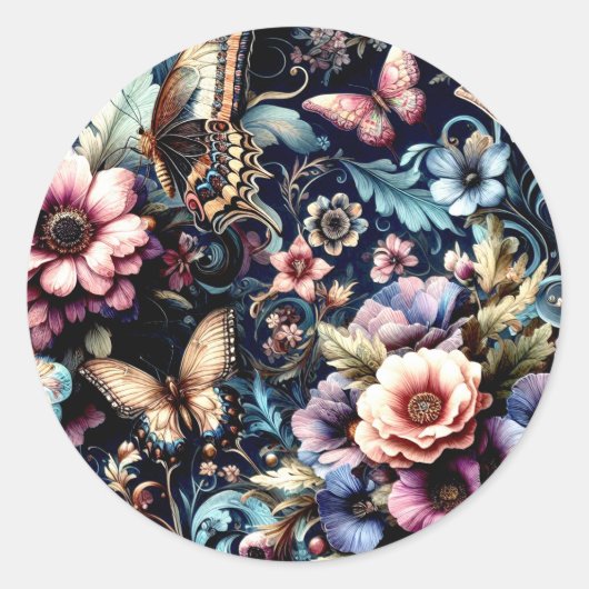 アンティーク春の花と蝶 ラウンドシール (正面)
