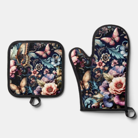 アンティーク春の花と蝶 鍋つかみ&鍋敷きセット (正面)