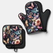 アンティーク春の花と蝶 鍋つかみ&鍋敷きセット (正面/裏面)