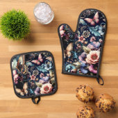 アンティーク春の花と蝶 鍋つかみ&鍋敷きセット (トップダウン)