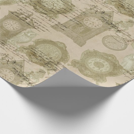 アンティーク時計とフクロウ ラッピングペーパー (角)