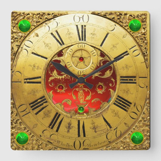 アンティーク時間,シャムロック,ルビー宝石,金ゴールド黄 スクエア壁時計 (正面)