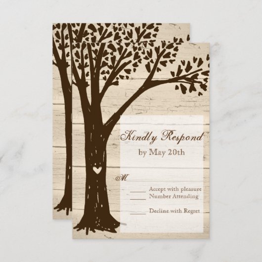 アンティーク木彫りツリー結婚式RSVPカード 出欠カード (正面/裏面)