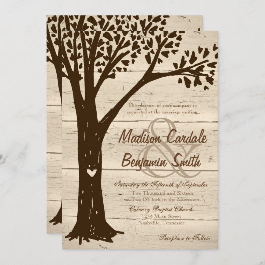 アンティーク木彫りハートツリー結婚式の招待 招待状 (正面/裏面)