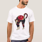 アンティーク木日本の版プリント猫(花T) Tシャツ (正面)