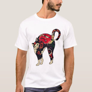 アンティーク木日本の版プリント猫(花T) Tシャツ