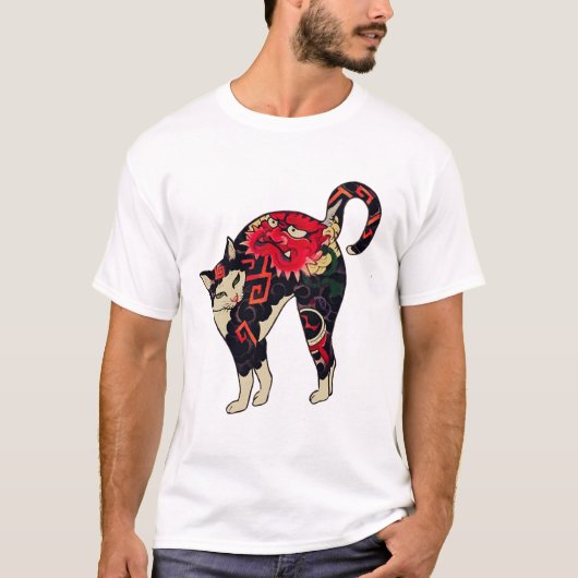 アンティーク木日本の版プリント猫(花T) Tシャツ (正面)