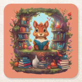 アンティーク本棚で読書するリス スクエアペーパーコースター (正面)