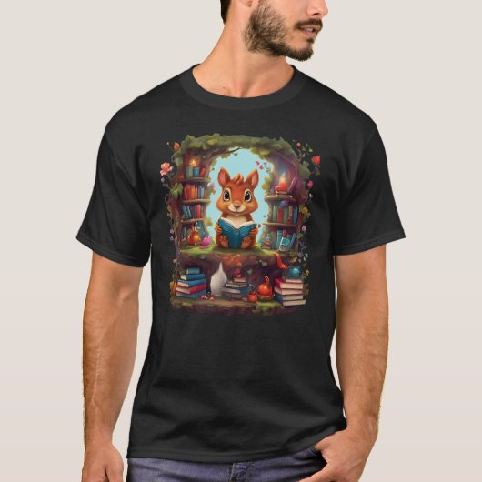 アンティーク本棚で読書するリス Tシャツ (正面)