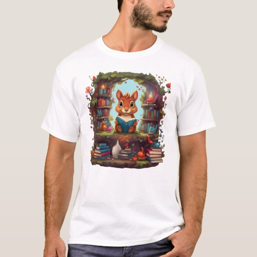 アンティーク本棚で読書するリス Tシャツ (正面)