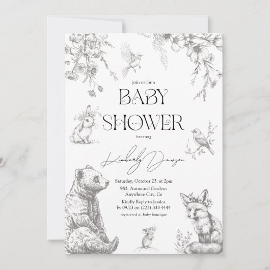 アンティーク森林動物の赤ちゃんシャワー 招待状 (正面)
