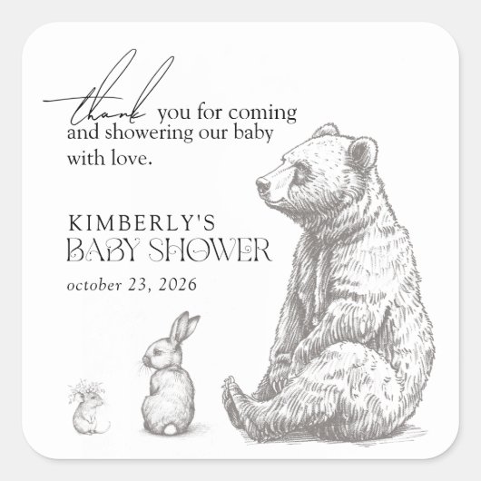 アンティーク森林動物赤ちゃんシャワーありがとう スクエアシール (正面)