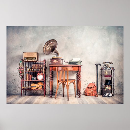 アンティーク椅子,古いタイプライター,レトロラジオ,グランプ ポスター (正面)