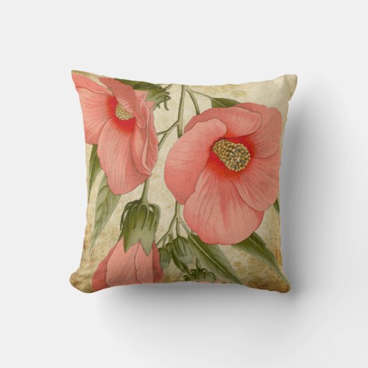アンティーク植物性プリントコーラルフラワーヴィンテージ クッション (正面)