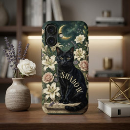 アンティーク植物画風ビクトリアン・フラワー・ムーン・黒猫 ケース