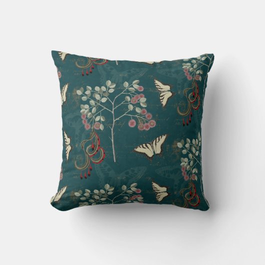 アンティーク植物蝶とカトクロアアカシア クッション (正面)