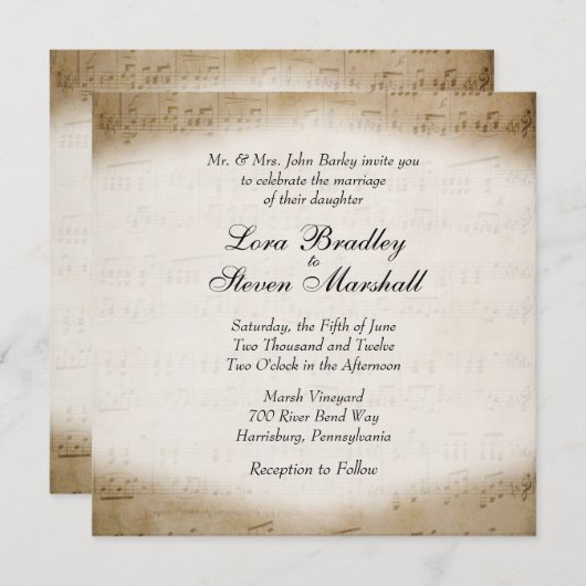 アンティーク楽譜テーマ結婚式招待状 招待状 (正面/裏面)
