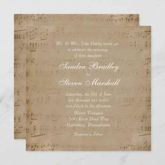 アンティーク楽譜テーマ結婚式招待状 招待状 (正面/裏面)