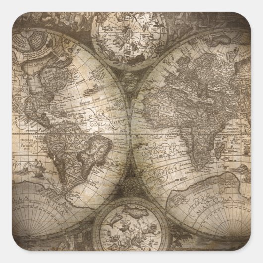 アンティーク歴史旧世界地図の大陸 スクエアシール (正面)