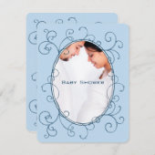 アンティーク水玉模様ブルーフォト男の赤ちゃんシャワー 招待状 (正面/裏面)
