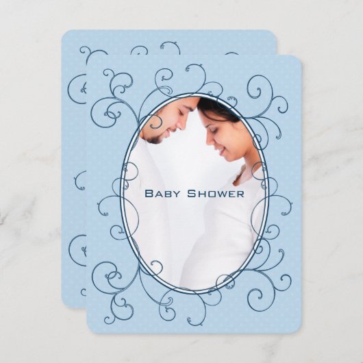 アンティーク水玉模様ブルーフォト男の赤ちゃんシャワー 招待状 (正面/裏面)